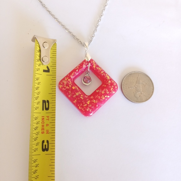 Deep pink faux opal diamond shaped pendant cz charm on 20" silver necklace new - Picture 5 of 5